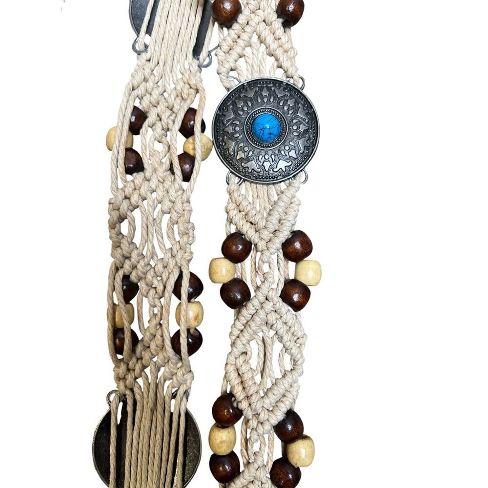 Boho Tribal Woven Rope Belt w/ Faux Turquoise & Beads Beachy Bohemian Style 78'' - Picture 4 of 6